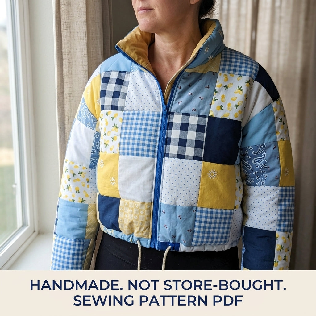 Patchwork Puffer Jacket Sewing Pattern PDF – Cropped Quilted Scrap Puffer Coat