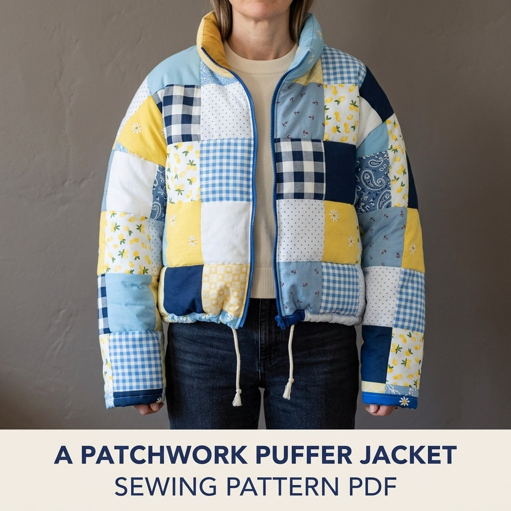 Patchwork Puffer Jacket Sewing Pattern PDF – Cropped Quilted Scrap Puffer Coat