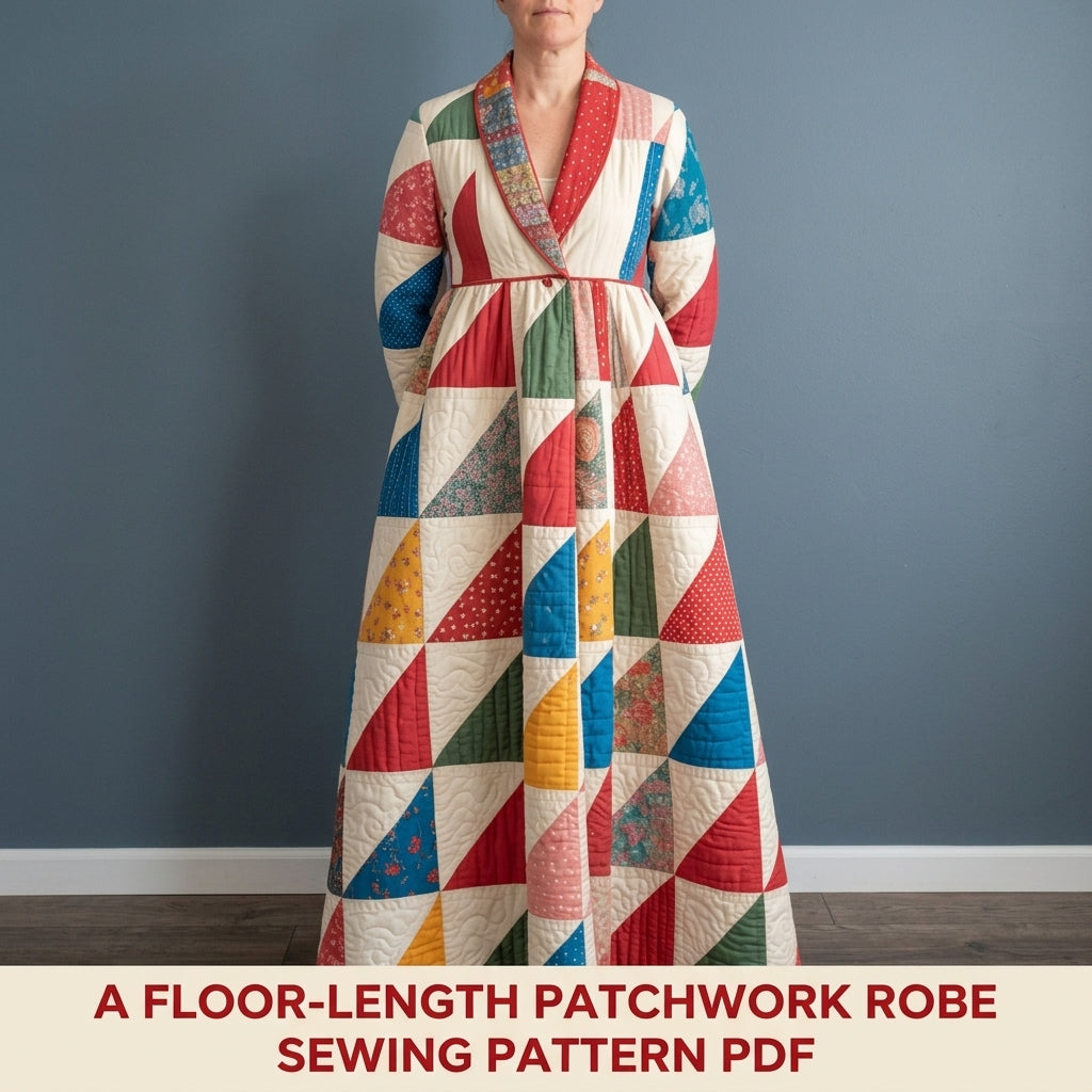 Patchwork Quilted Robe Coat Sewing Pattern PDF – Floor-Length Half-Square Triangle Quilt Coat