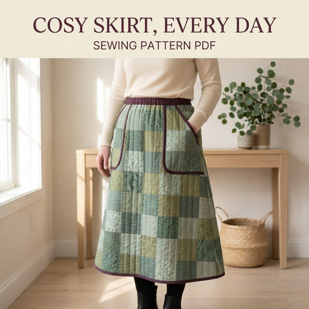 Quilted Skirt Sewing Pattern PDF – Patchwork Midi Skirt with Elastic Waist and Pockets