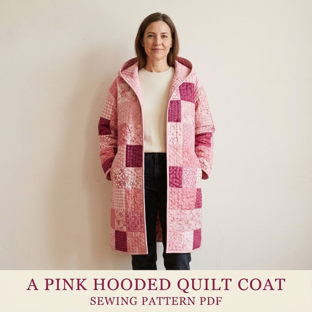 Pink Patchwork Hooded Quilt Coat Sewing Pattern PDF – Long Quilted Coat