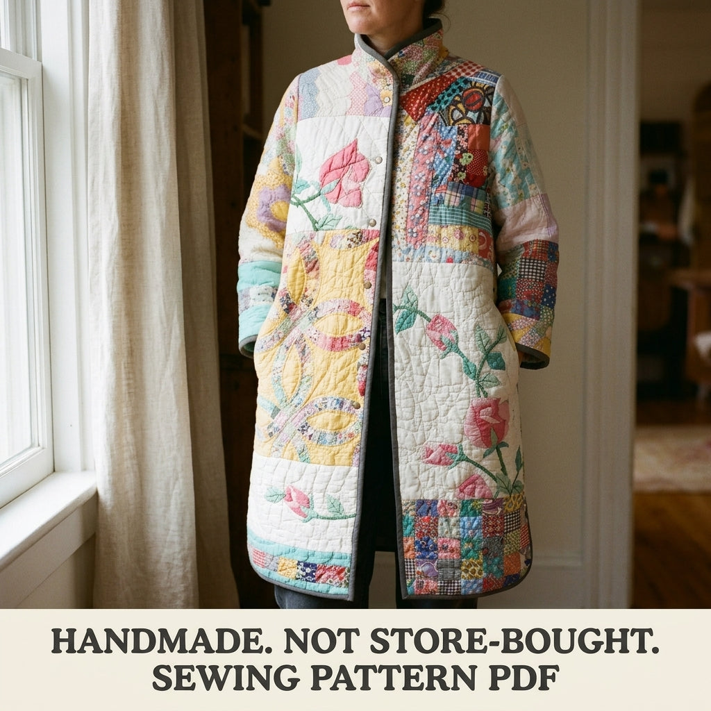 Wedding Ring Rose Quilt Coat Sewing Pattern PDF – Long Coat from Vintage Quilts