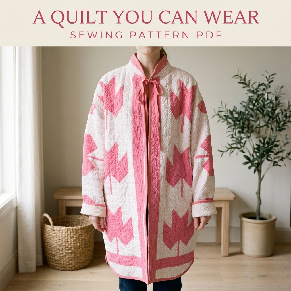 Maple Leaf Quilt Coat Sewing Pattern PDF – Oversized Coat with Tie Collar and Gathered Yoke