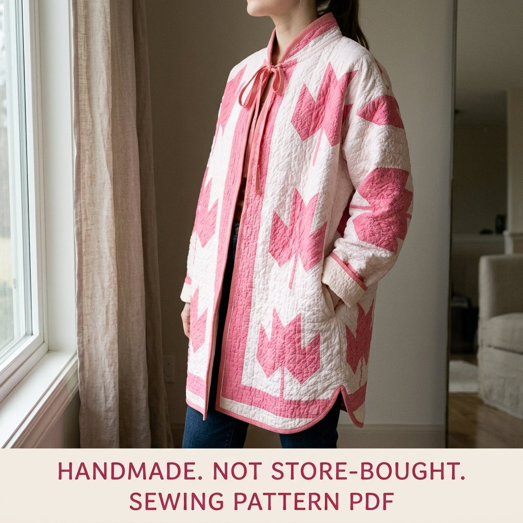 Maple Leaf Quilt Coat Sewing Pattern PDF – Oversized Coat with Tie Collar and Gathered Yoke