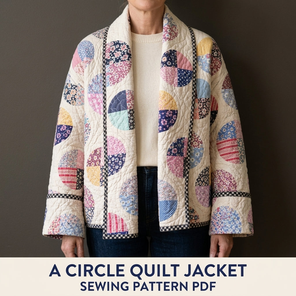 Circle Quarters Quilt Jacket Sewing Pattern PDF – Boxy Shawl Collar Jacket from a Vintage Quilt