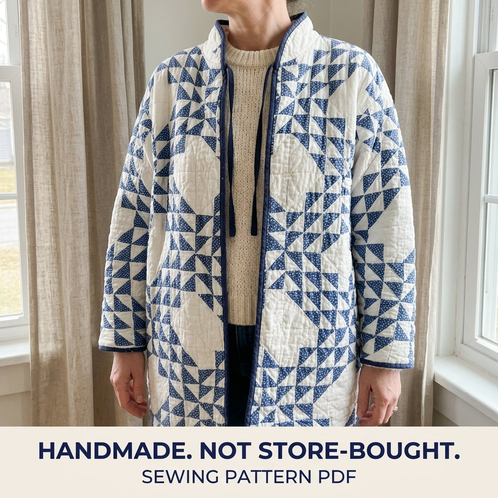 Blue Star Quilt Jacket Sewing Pattern PDF – Tie Collar Jacket with Gathered Back Yoke