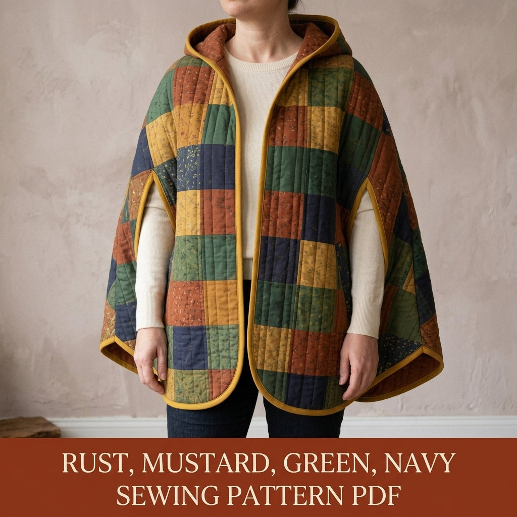 Hooded Quilted Capelet Sewing Pattern PDF – Patchwork Cape with Arm Slits and Bias Binding