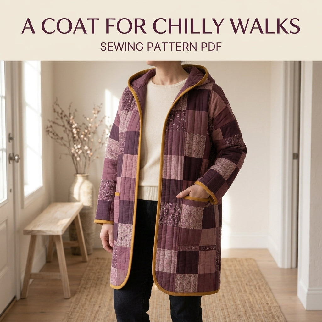 Hooded Quilted Coat Sewing Pattern PDF – Knee-Length Patchwork Quilt Coat with Bias Binding