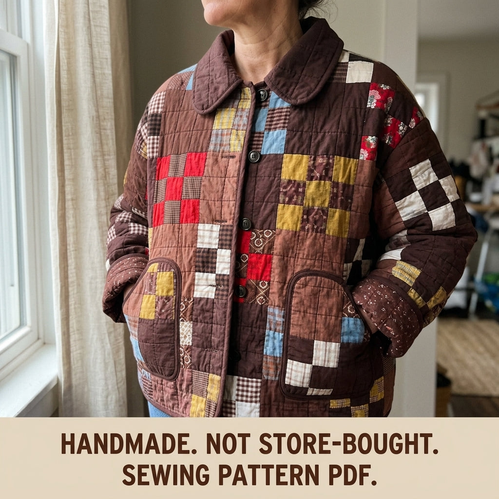 Scrappy Patchwork Quilted Coat Sewing Pattern PDF – Boxy Quilt Coat with Collar and Patch Pockets