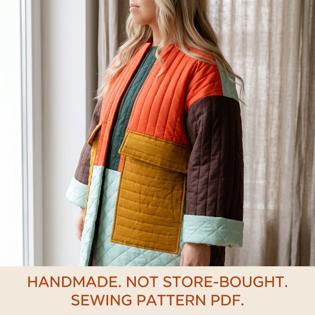 Colour Block Quilted Coat Sewing Pattern PDF – Oversized Quilted Jacket