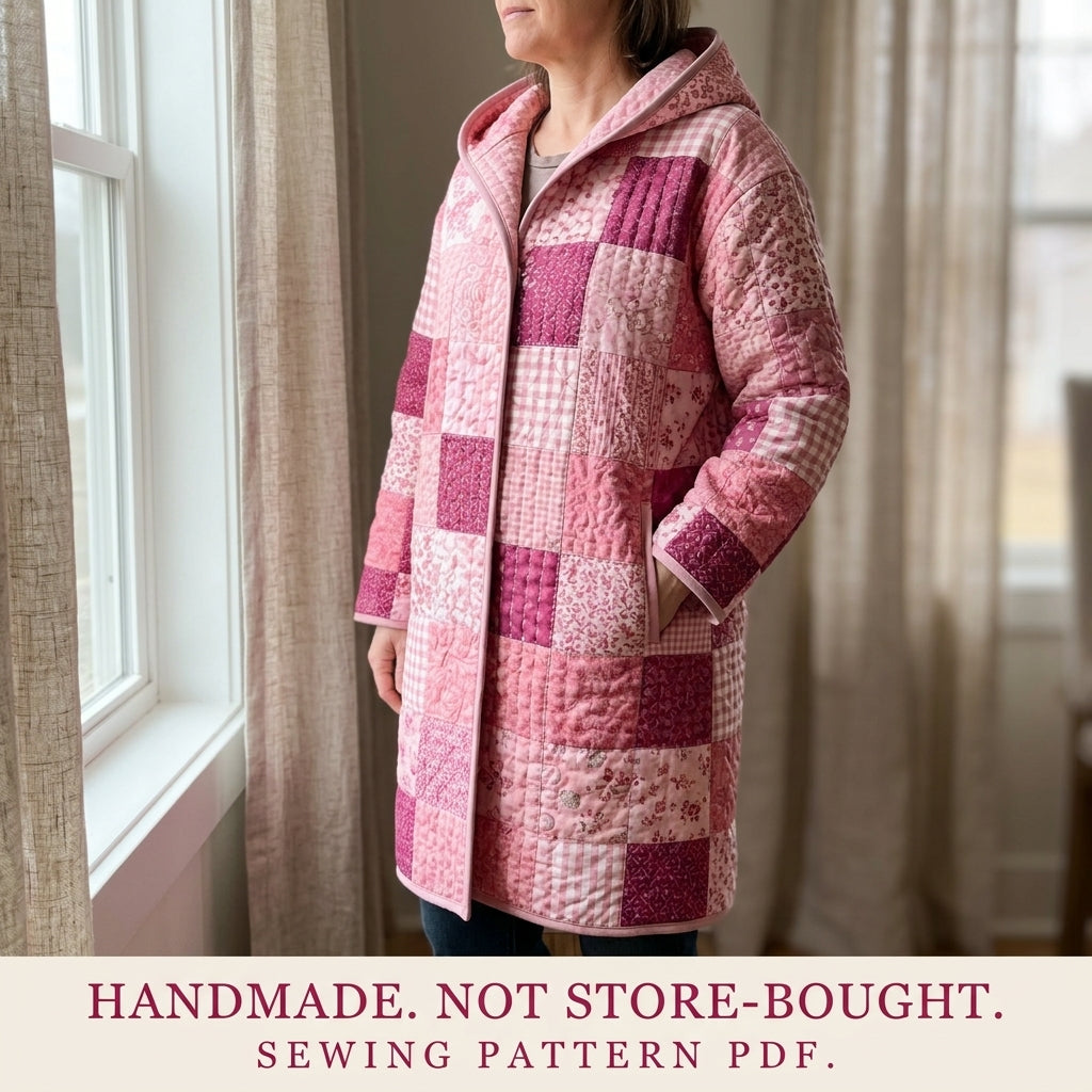 Pink Patchwork Hooded Quilt Coat Sewing Pattern PDF – Long Quilted Coat