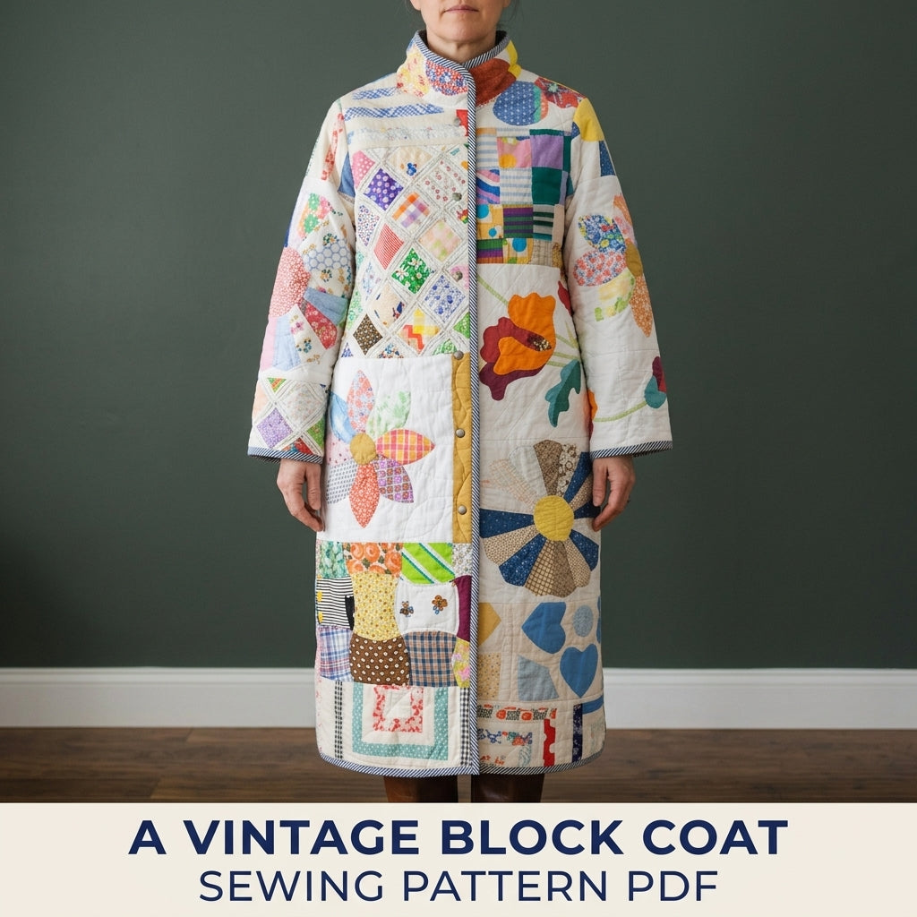 Vintage Patchwork Quilt Coat Sewing Pattern PDF – Long Coat from Orphan Quilt Blocks