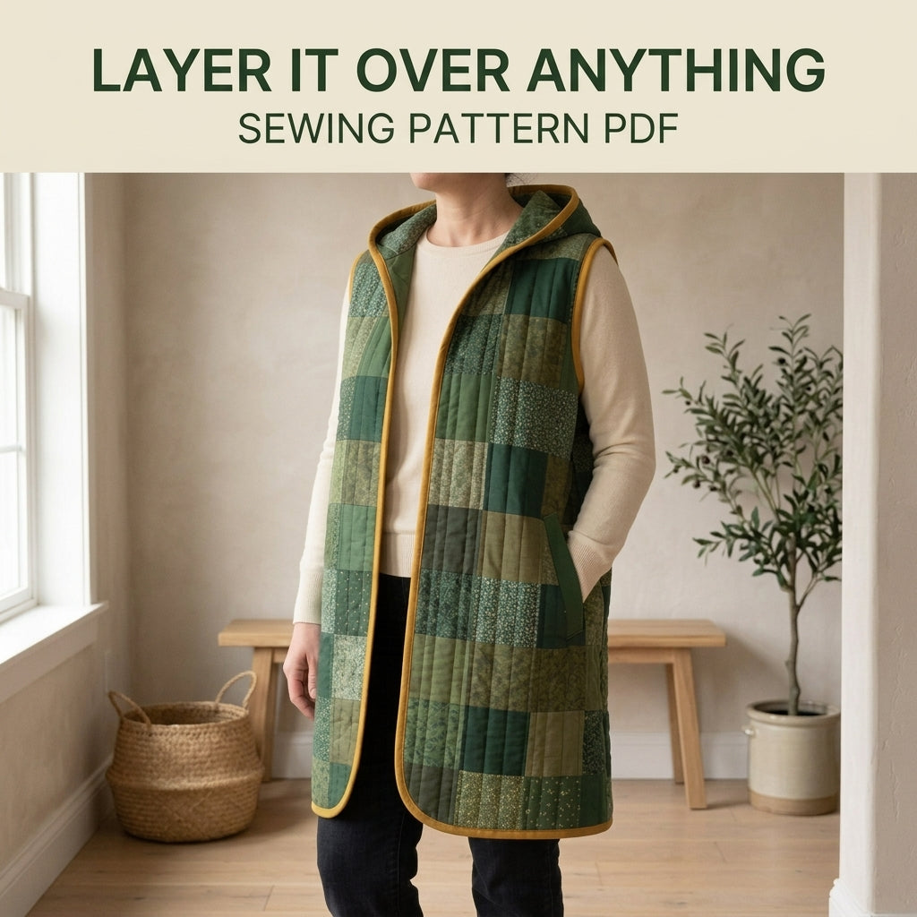 Long Hooded Quilted Vest Sewing Pattern PDF – Knee-Length Patchwork Vest with Pockets and Binding
