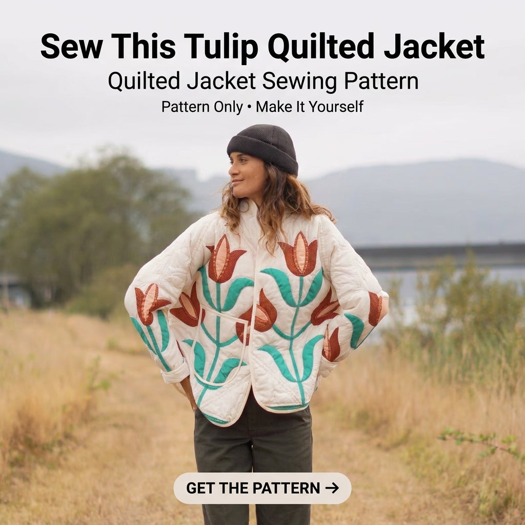 Zip-Front Quilt Jacket Sewing Pattern — Patchwork Bomber with Stand Collar and Shaped Pockets, Sizes XS–3XL, A0 and A4 PDF