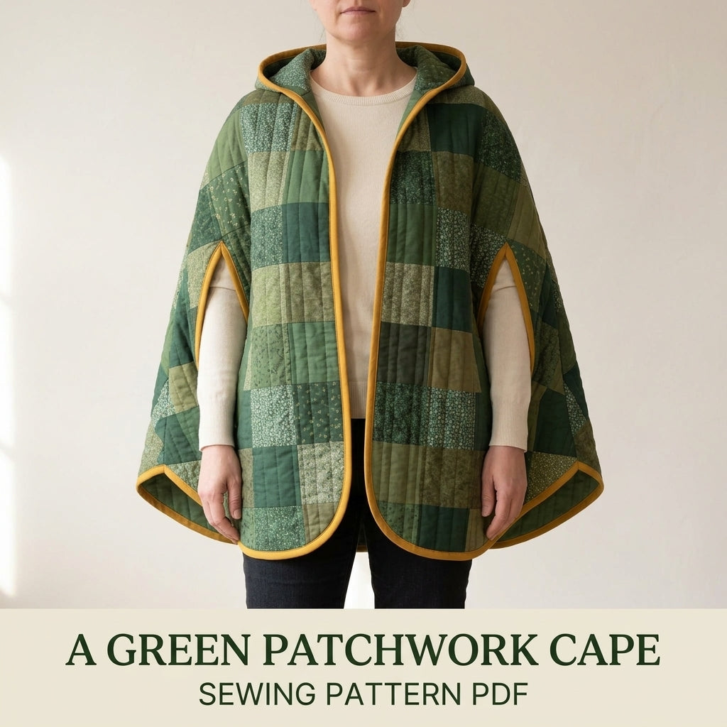 Hooded Patchwork Cape Sewing Pattern PDF – Green Quilted Cape with Arm Slits and Bias Binding