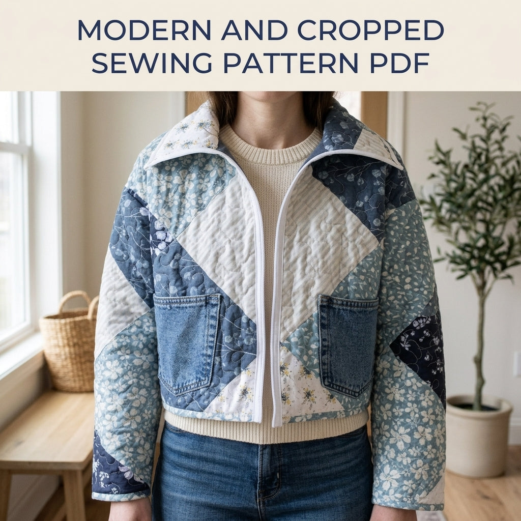 Cropped Blue Patchwork Jacket Sewing Pattern PDF – Quilted Jacket with Denim Pockets