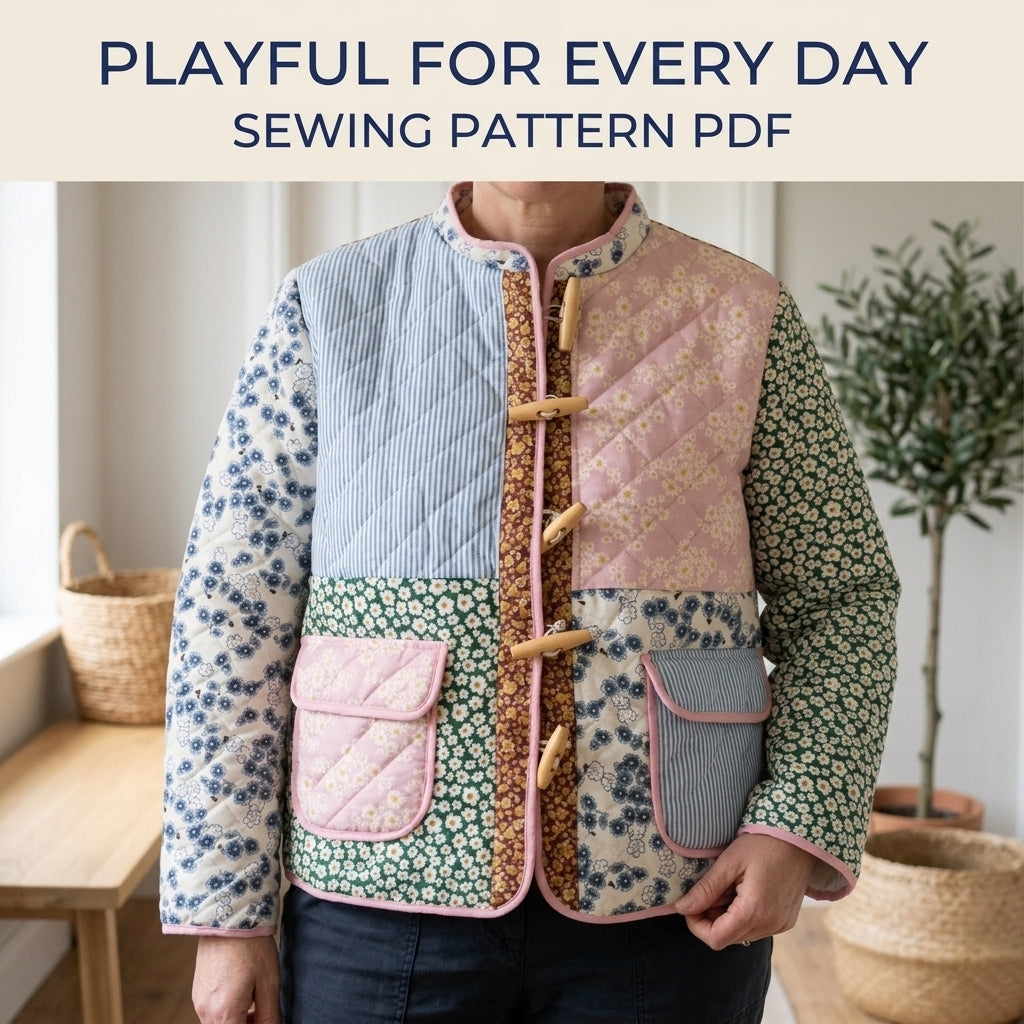 Toggle Patchwork Quilted Jacket Sewing Pattern PDF – Boxy Scrap Quilt Jacket