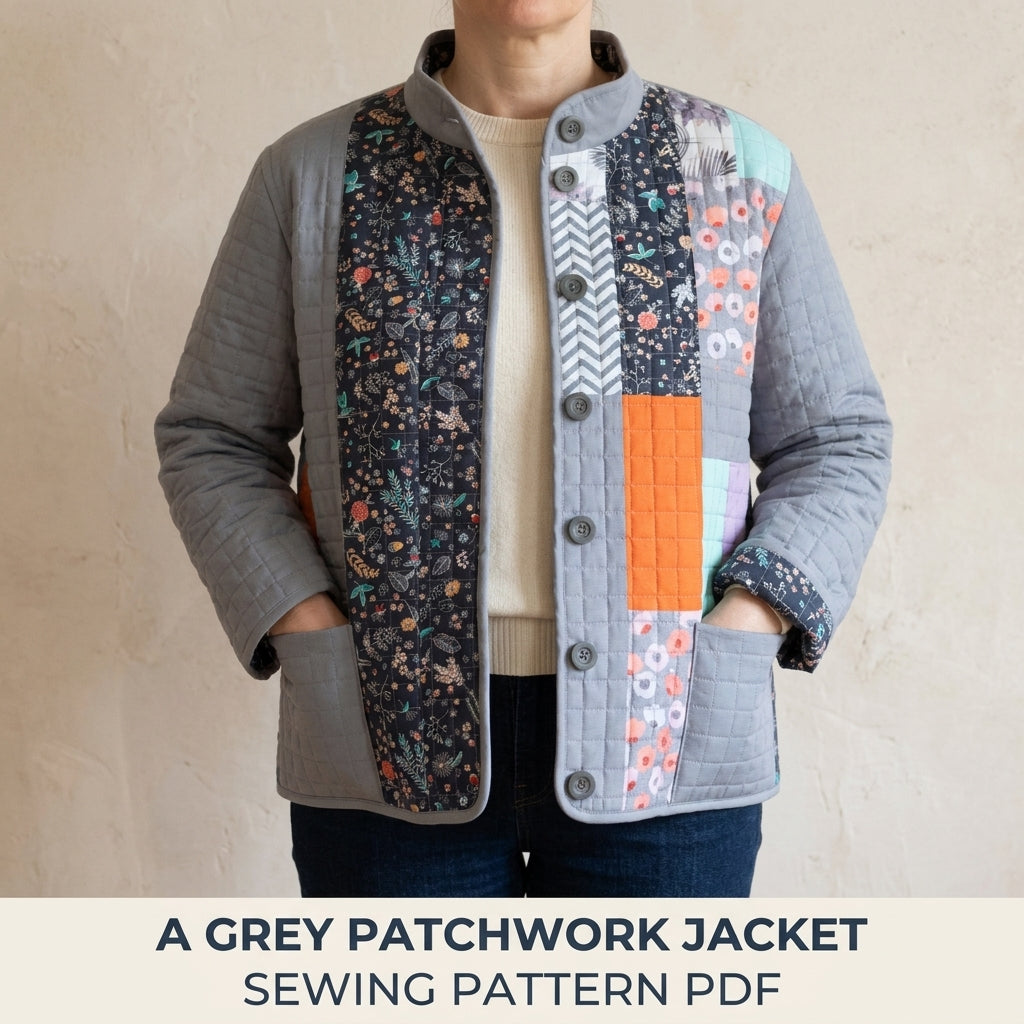 Grey Patchwork Quilted Jacket Sewing Pattern PDF – Modern Quilted Coat