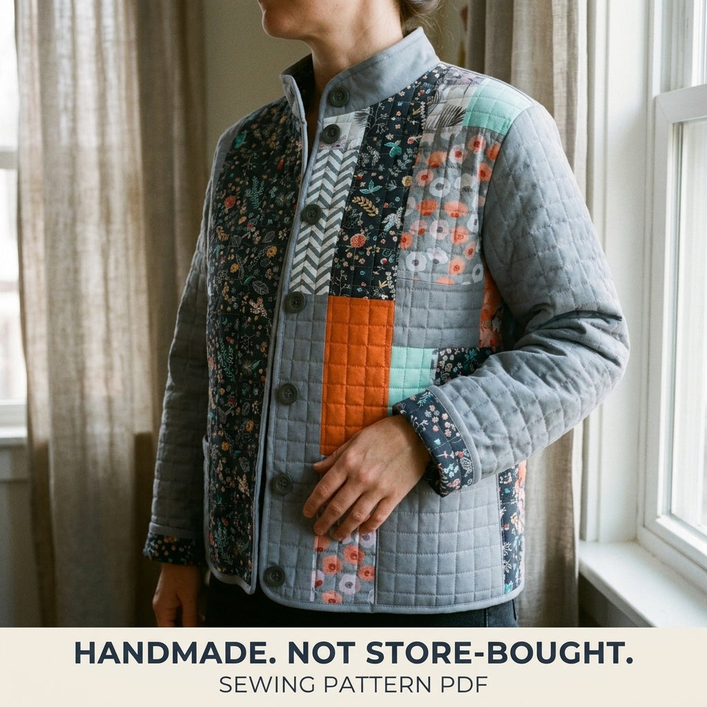 Grey Patchwork Quilted Jacket Sewing Pattern PDF – Modern Quilted Coat