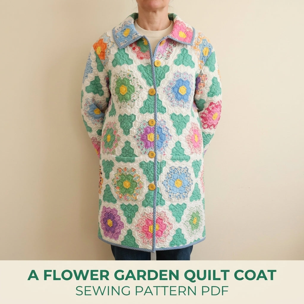 Flower Garden Long Quilt Coat Sewing Pattern PDF – Button Front Coat from a Vintage Quilt