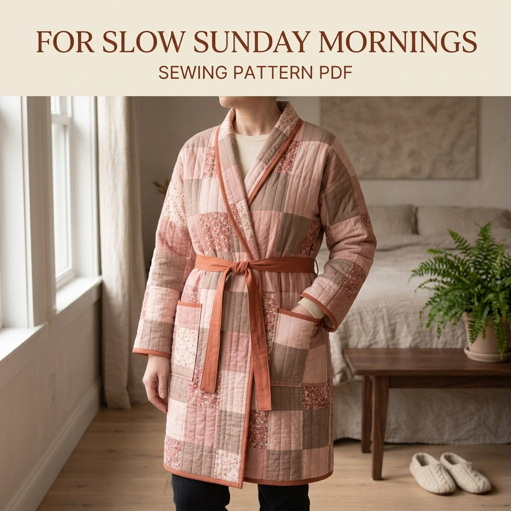 Quilted Robe Sewing Pattern PDF – Patchwork Wrap Robe with Shawl Collar and Pockets