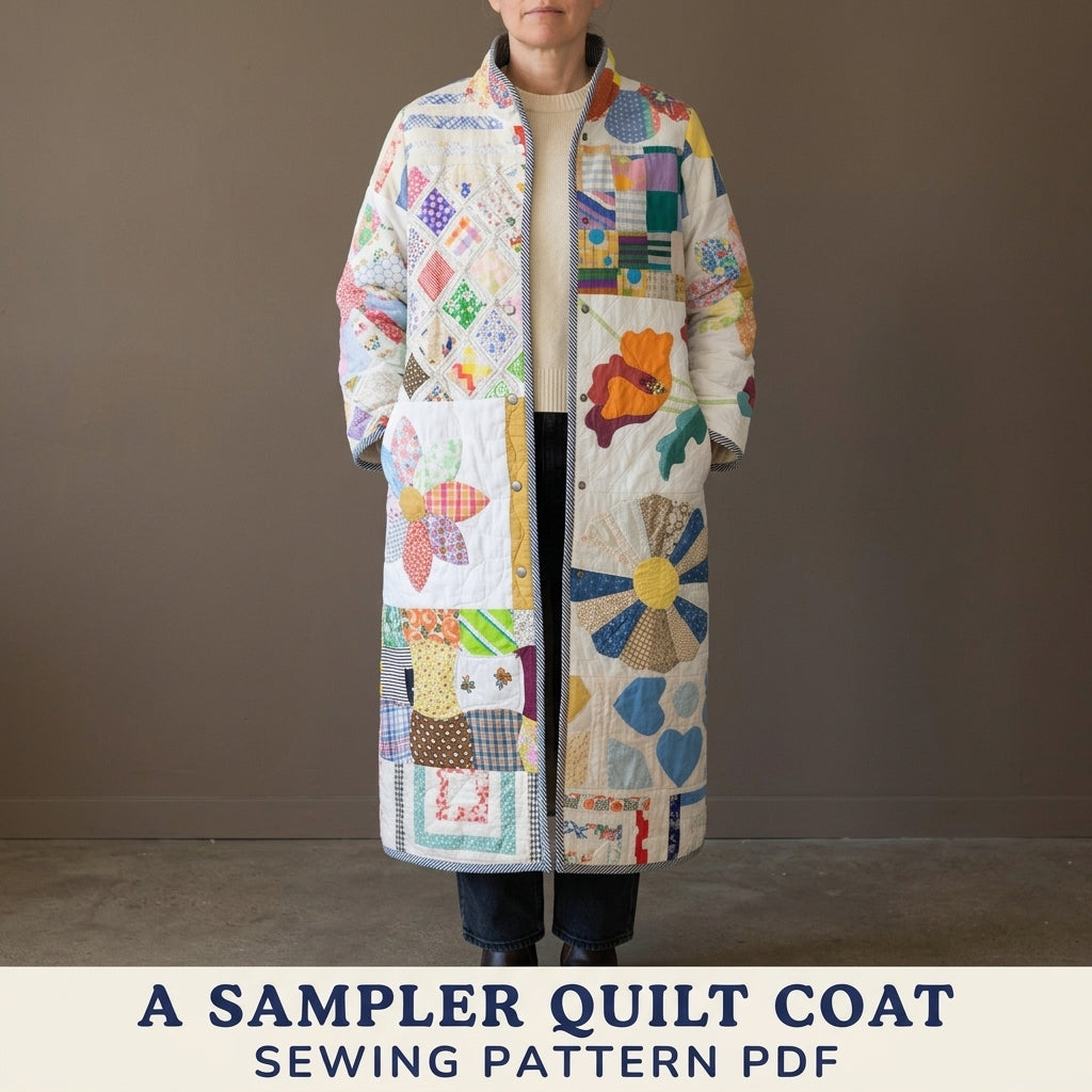 Scrappy Sampler Quilt Coat Sewing Pattern PDF – Long Coat from Orphan Blocks
