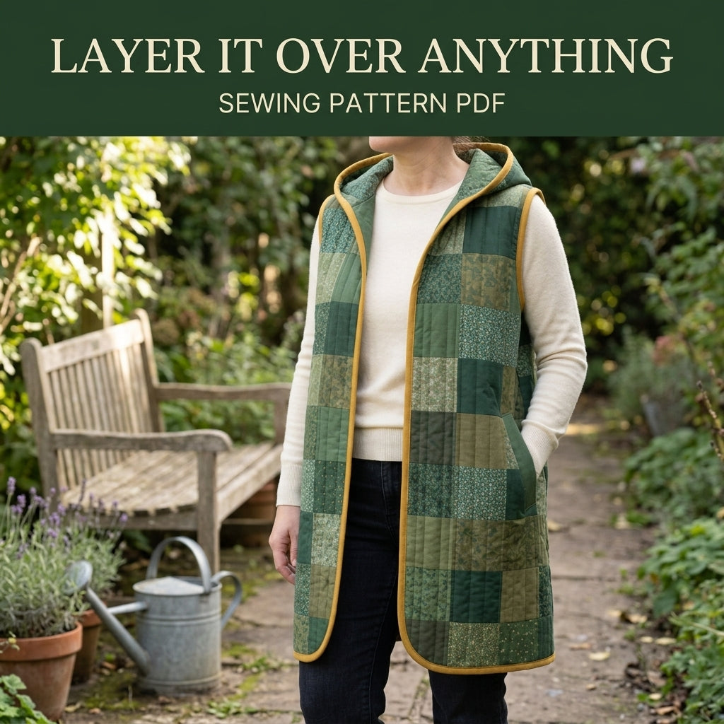 Quilted Patchwork Vest Sewing Pattern PDF – Long Hooded Quilt Vest with Pockets and Bias Binding
