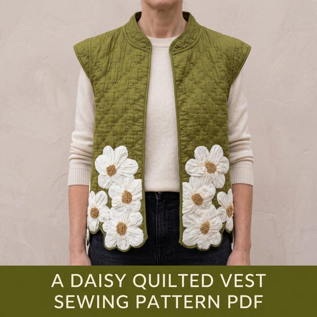 Daisy Appliqué Quilted Vest Sewing Pattern PDF – 3D Flower Quilted Waistcoat
