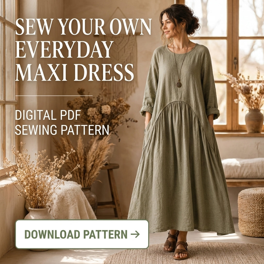 Boho Maxi Dress Sewing Pattern — Oversized Linen Dress with Deep Pockets, No Zips or Buttons, US 6–28W, A0 and A4 PDF