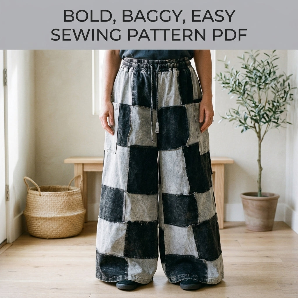 Patchwork Wide Leg Pants Sewing Pattern PDF – Patchwork Checkerboard Trousers