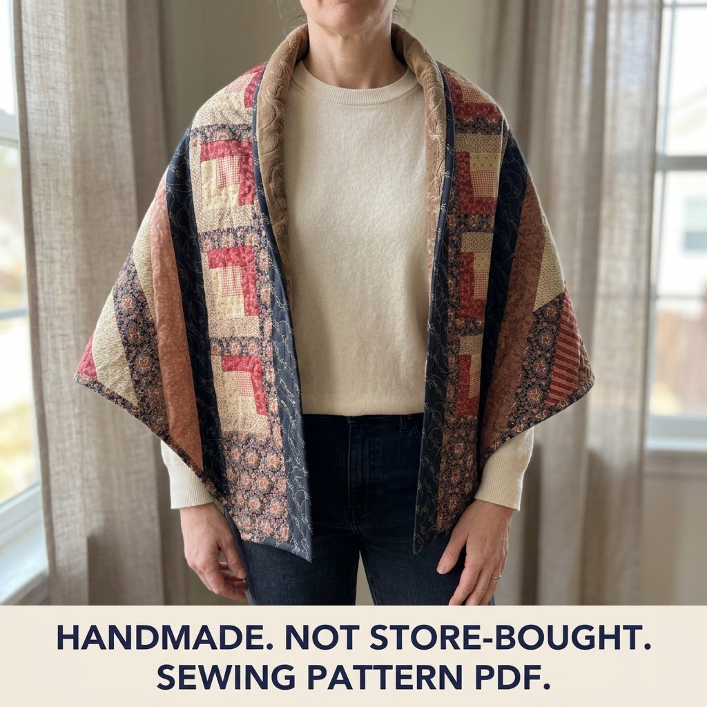 Log Cabin Quilted Shawl Wrap Sewing Pattern PDF – Log Cabin Wrap with Minky Lining