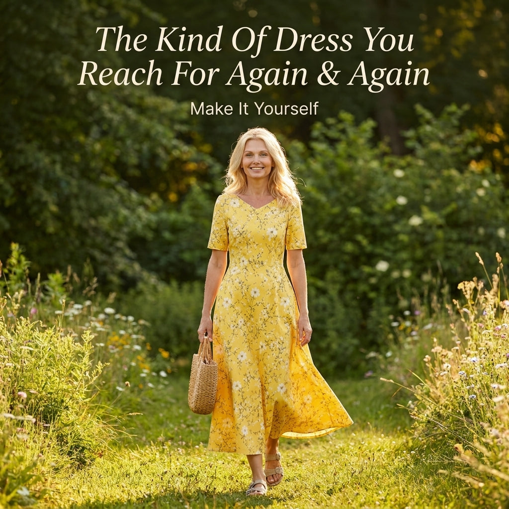 Midi Dress Sewing Pattern — Fitted V-Neck Dress with Flared Skirt and Side Pockets, Sizes XS–3XL, A0 and A4 Layered PDF