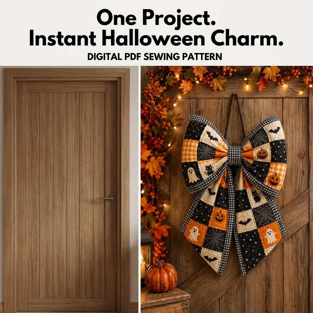 Quilted Door Bow Sewing Pattern — Oversized Patchwork Bow Hanger for Halloween, 2 Sizes, PDF Download