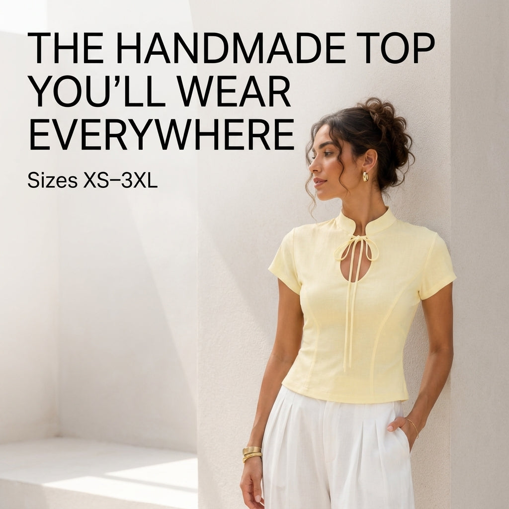 Fitted Top Sewing Pattern — Mandarin Collar Blouse with Keyhole Tie and Cap Sleeves, Sizes XS–3XL, A0 and A4 Layered PDF