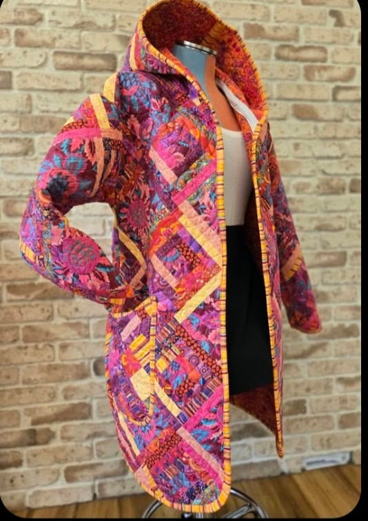 Quilt Coat Sewing Pattern — Longline Hooded Patchwork Coat with Bound Edges, Sizes XS–3XL, A0 and A4 PDF