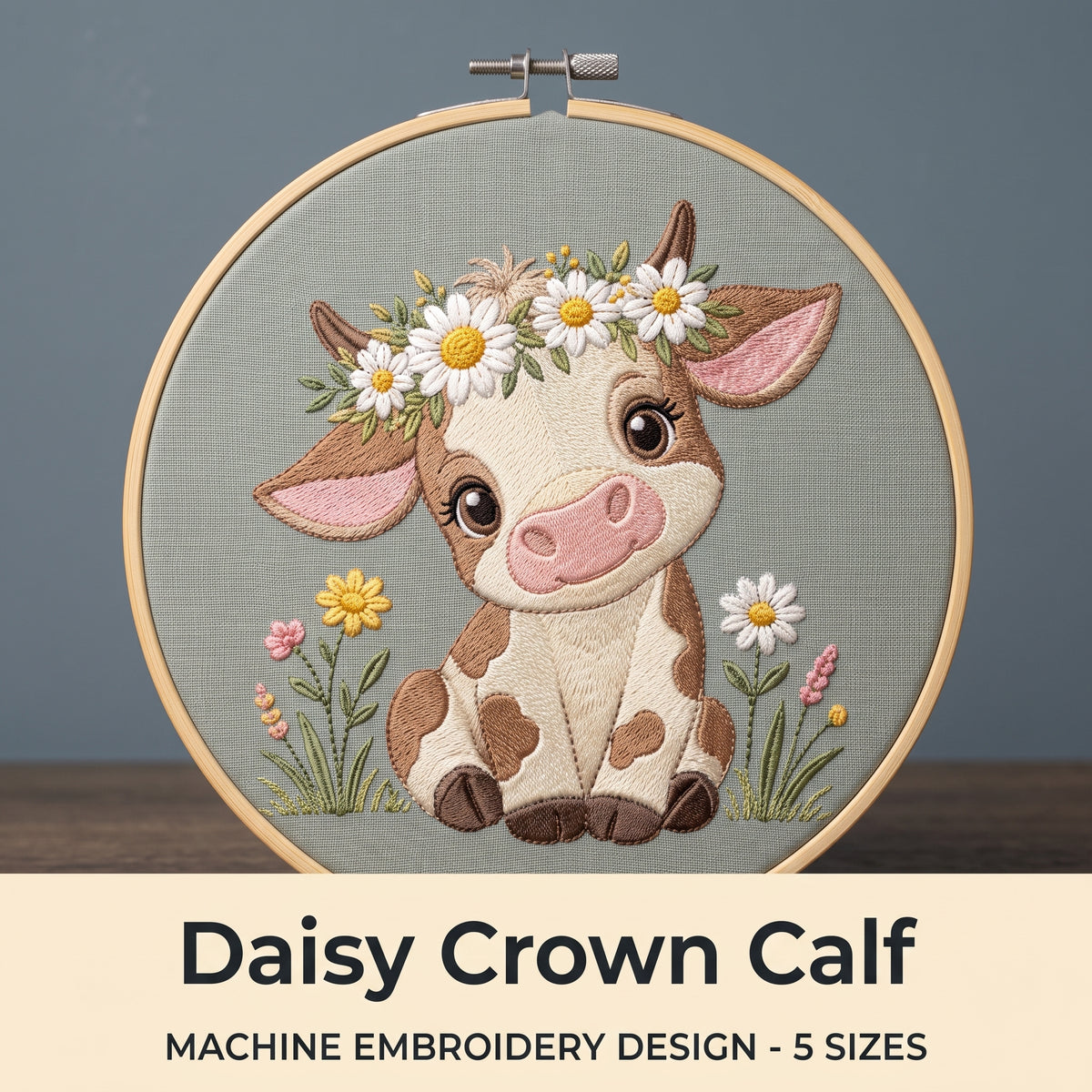 Cow with Daisy Crown Machine Embroidery Design, Nursery, 5 Sizes