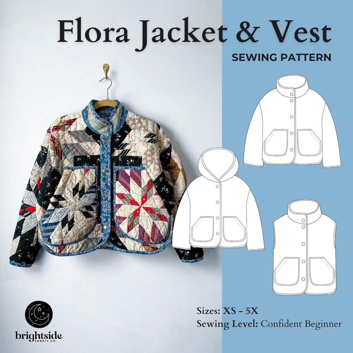 Quilt Jacket and Vest Sewing Pattern — 3 Versions in One PDF, Hooded, Collared or Sleeveless, Sizes XS–5X, A0 and A4 PDF