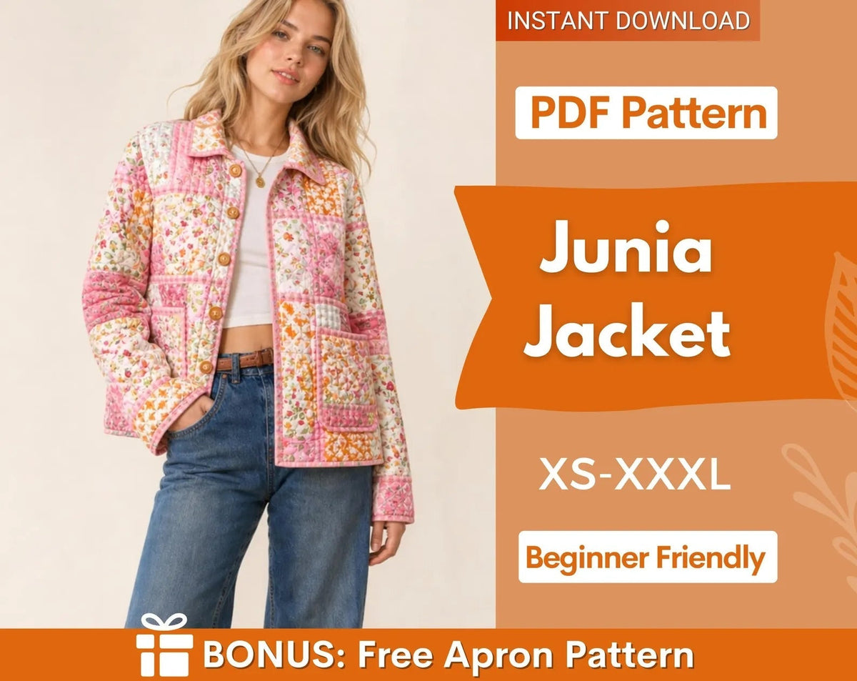 Quilted Patchwork Jacket Sewing Pattern — Oversized Chore Jacket with Collar and Patch Pockets, Sizes XS–3XL, PDF Download
