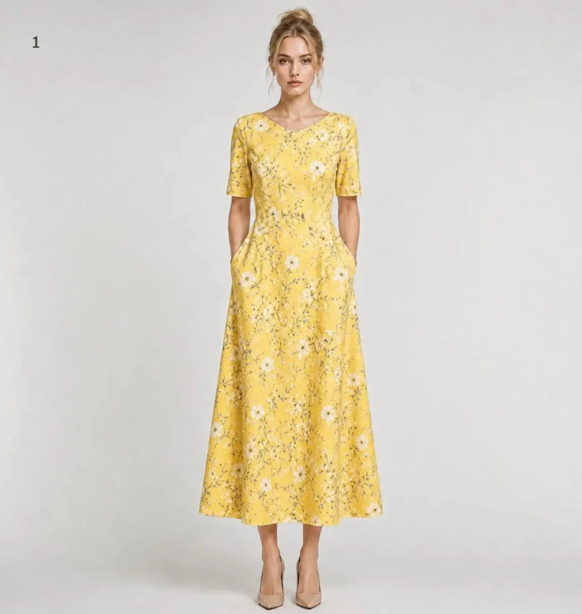 Midi Dress Sewing Pattern — Fitted V-Neck Dress with Flared Skirt and Side Pockets, Sizes XS–3XL, A0 and A4 Layered PDF
