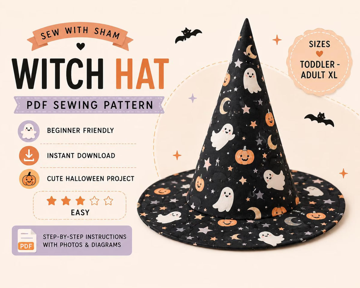 Quilted Witch Hat Table Topper PDF Sewing Pattern | Free-Standing Halloween Centrepiece with Bendy Tip | Black Cat Patchwork | Instant Download