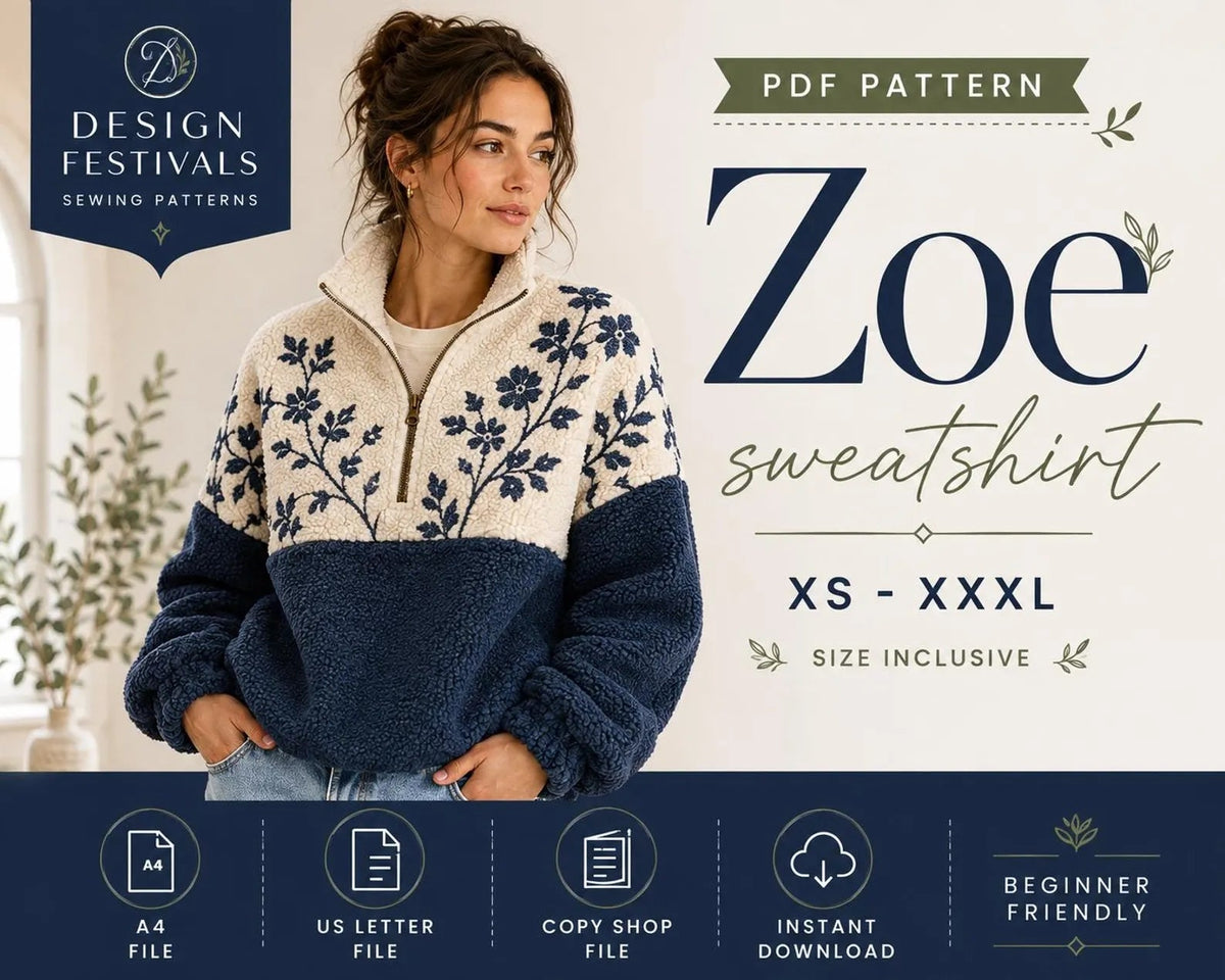 Half-Zip Sweatshirt Sewing Pattern — Colour-Block Sherpa Pullover with Stand Collar, Sizes XS–3XL, A0 and A4 Layered PDF