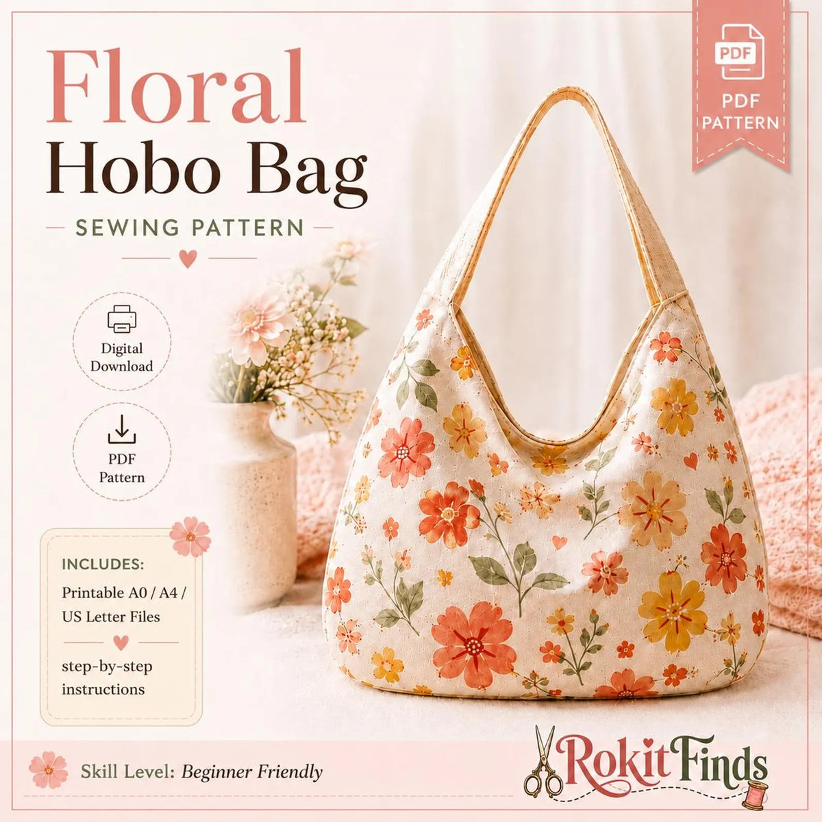 Floral Hobo Bag PDF Sewing Pattern | Slouchy Shoulder Bag with Single Strap | Beginner Bag Sewing Project | Instant Download