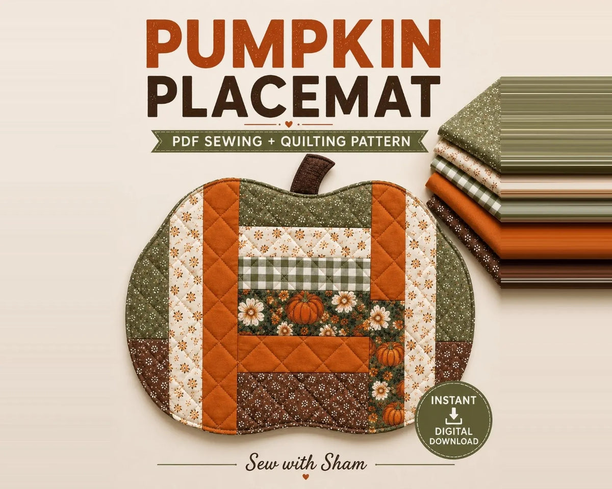 Pumpkin Placemat Pattern — Quilted Log Cabin Placemat in Pumpkin Shape, 2 Sizes, Beginner Friendly, PDF Download