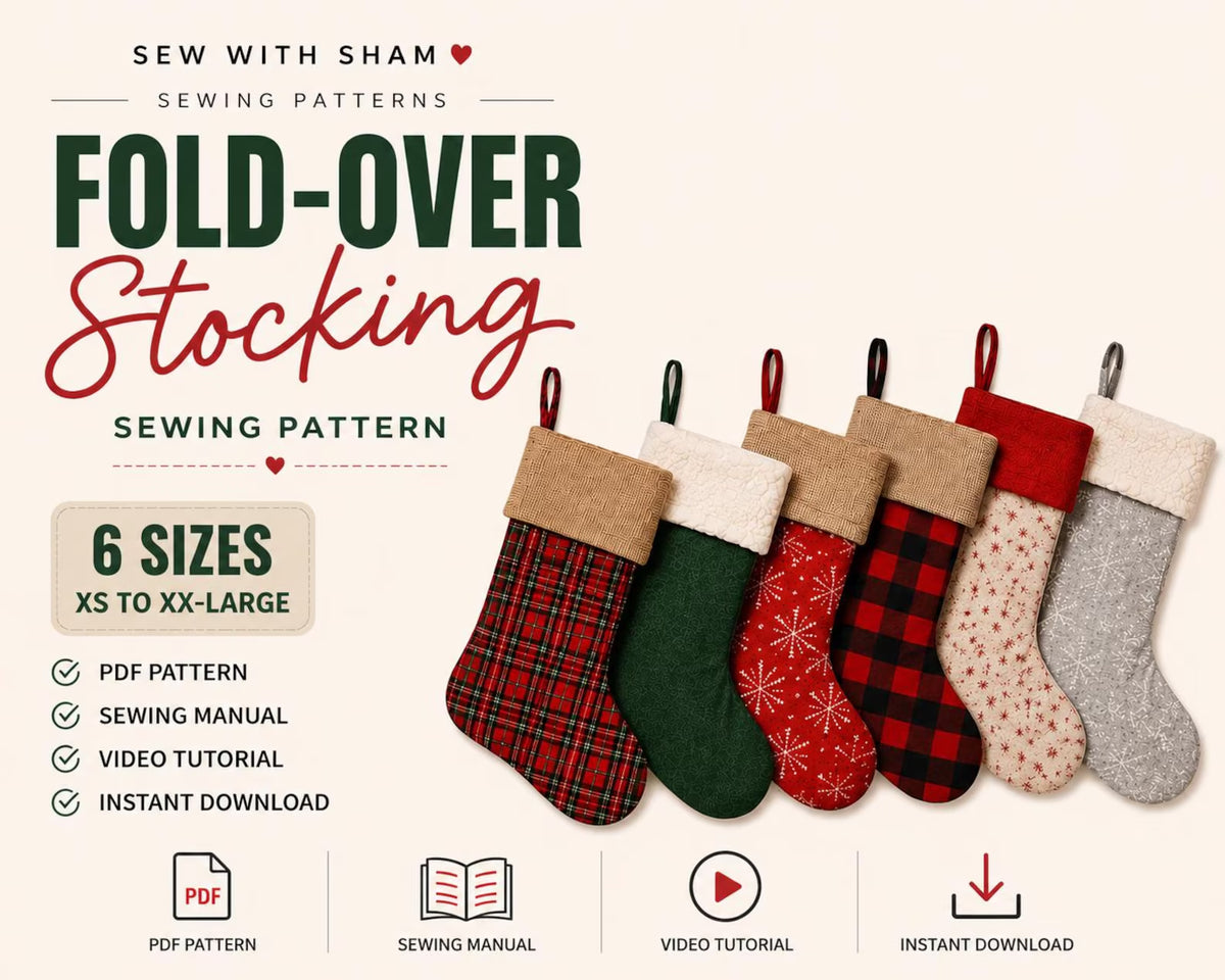 Fold-Over Christmas Stocking PDF Sewing Pattern | 6 Sizes XS to XXL | Lined Cuffed Stocking | Instant Download
