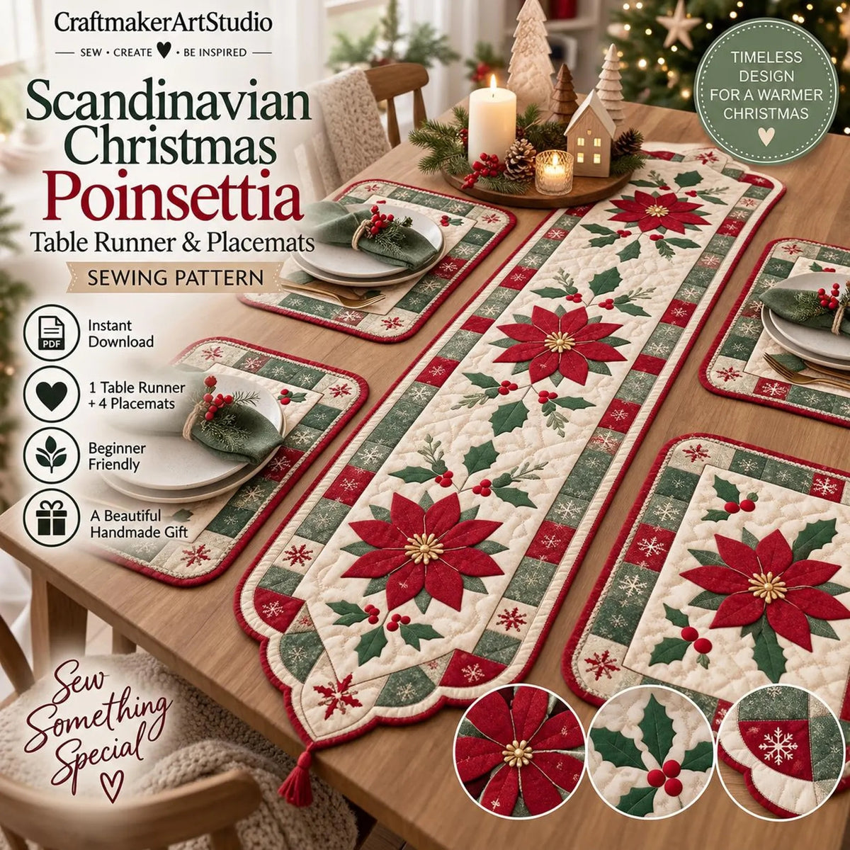 Poinsettia Christmas Table Runner & Placemats Quilt Pattern | Appliqué Runner Plus 4 Placemats | Scandinavian Holiday Table Set | PDF Instant Download