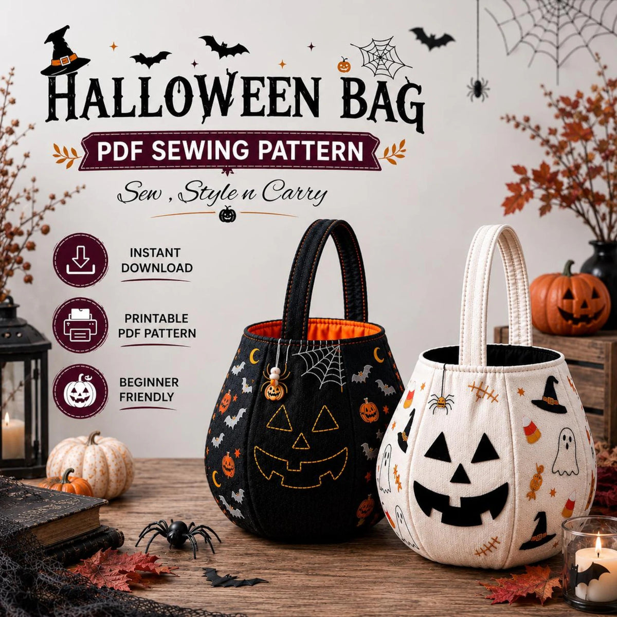Halloween Trick-or-Treat Bag PDF Sewing Pattern | Jack-O'-Lantern Bucket Bag | 2 Colourways | Beginner Sewing Project | Instant Download