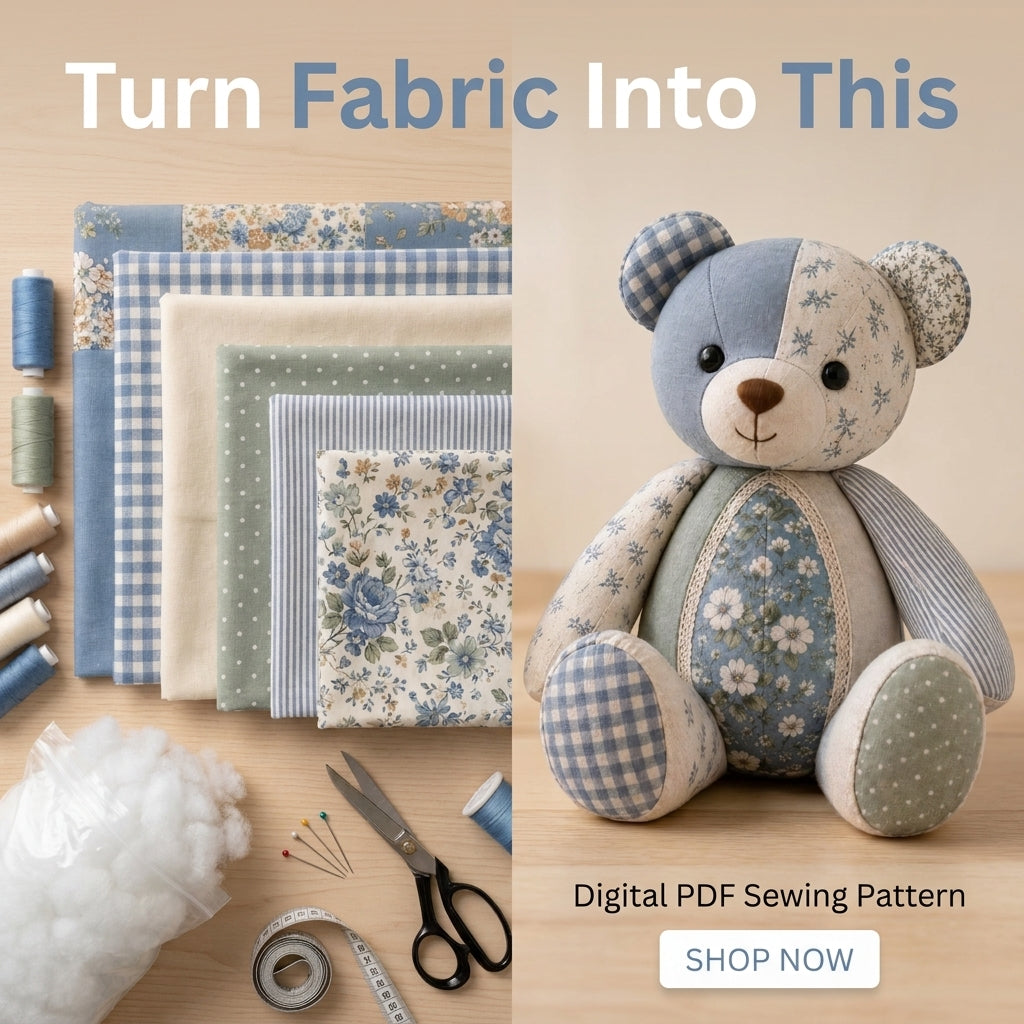Memory Bear Sewing Pattern — Patchwork Teddy Made From Keepsake Fabrics, Full-Size Templates, PDF Download