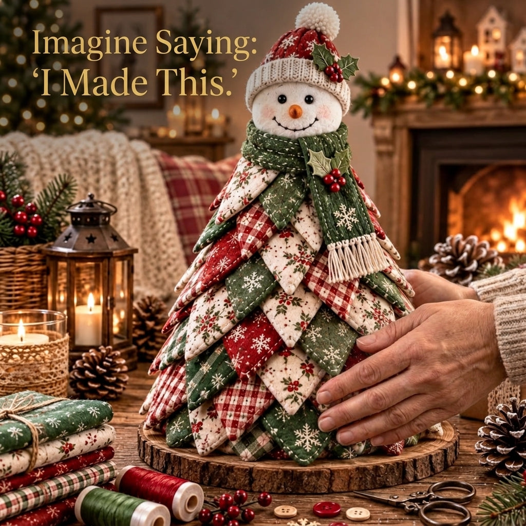 Folded Fabric Christmas Tree Sewing Pattern — Standing Snowman Cone Tree, No-Sew Petal Method, PDF Download
