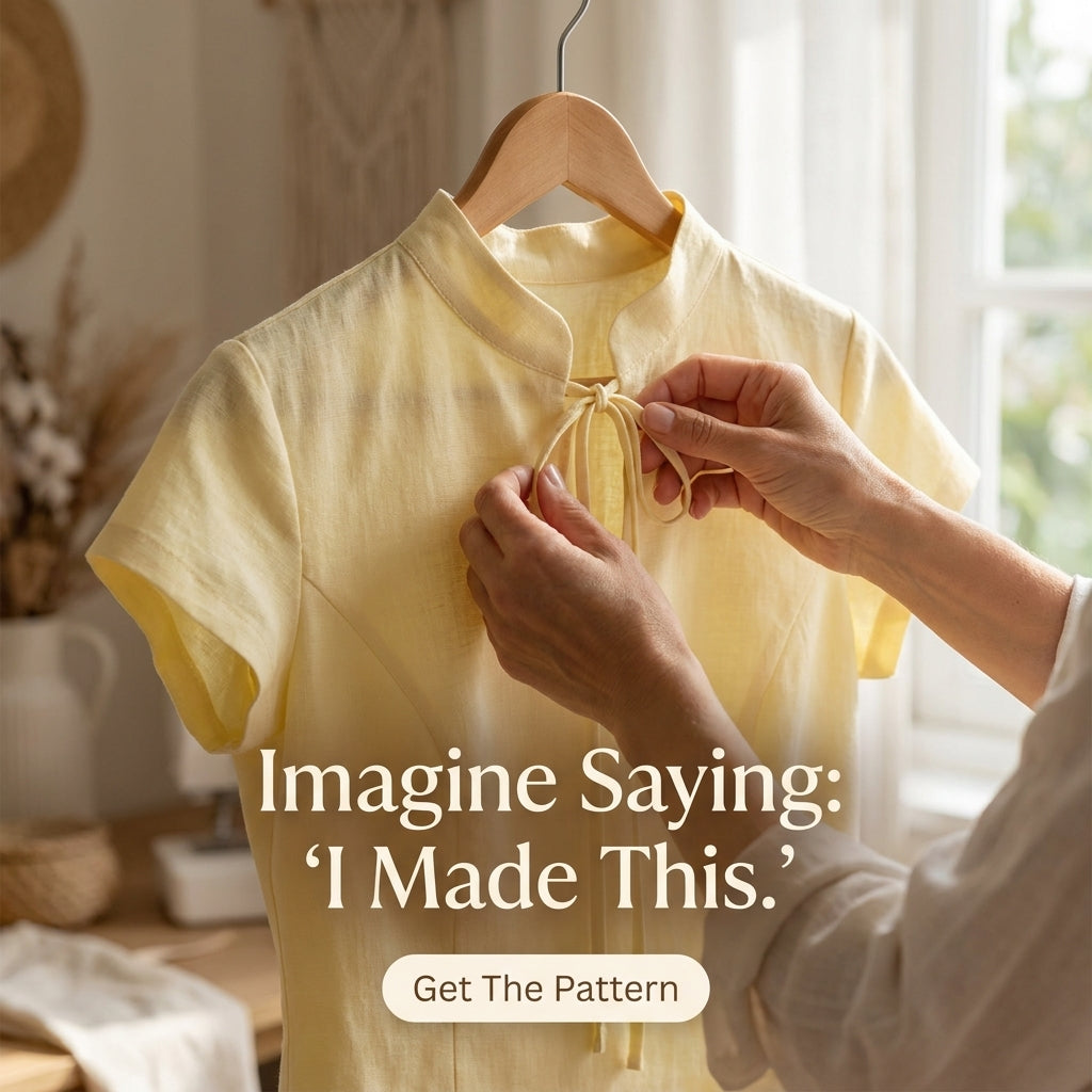 Fitted Top Sewing Pattern — Mandarin Collar Blouse with Keyhole Tie and Cap Sleeves, Sizes XS–3XL, A0 and A4 Layered PDF