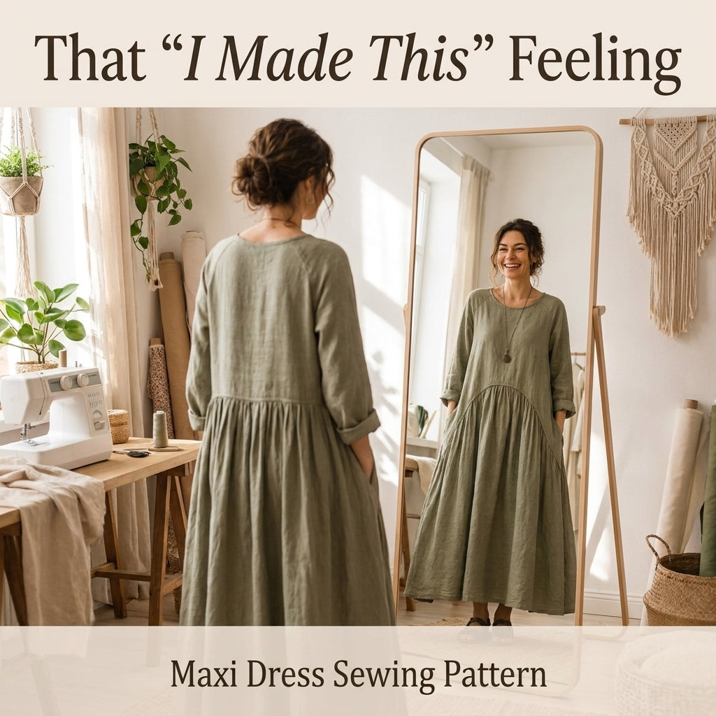 Boho Maxi Dress Sewing Pattern — Oversized Linen Dress with Deep Pockets, No Zips or Buttons, US 6–28W, A0 and A4 PDF
